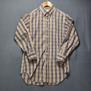 Vintage 80s Mens Shirt Medium Plaid Blue Tan Richard Bennett Office Made in USA